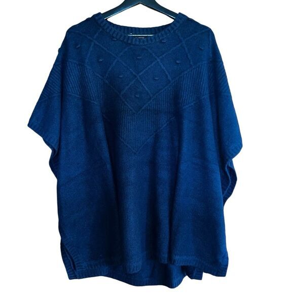 LOFT Knit Poncho Womens XL/XXL Navy‎ Blue Crew Neck Pullover Fall Sweater - Picture 1 of 9